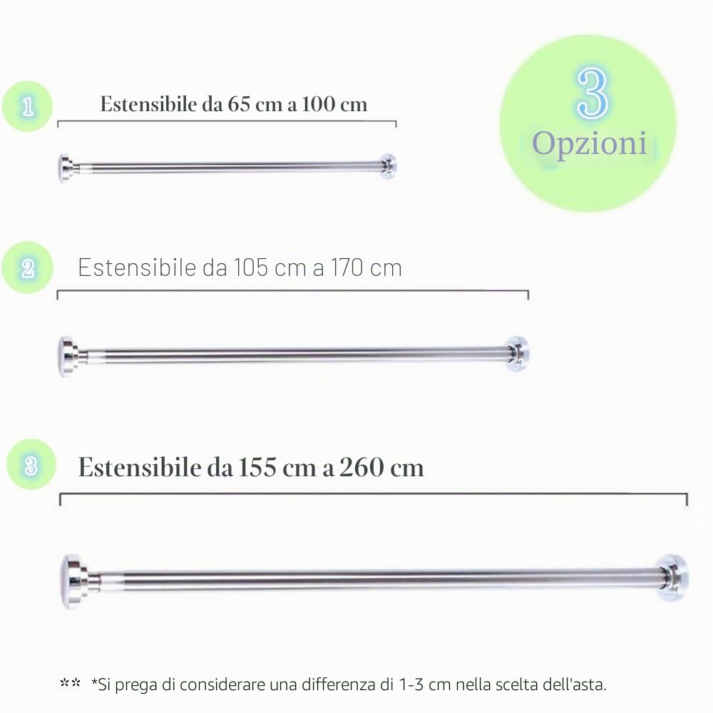 Asta telescopica per tenda da doccia, estensibile, in acciaio INOX., Acciaio inossidabile, Silver, 105-170cm