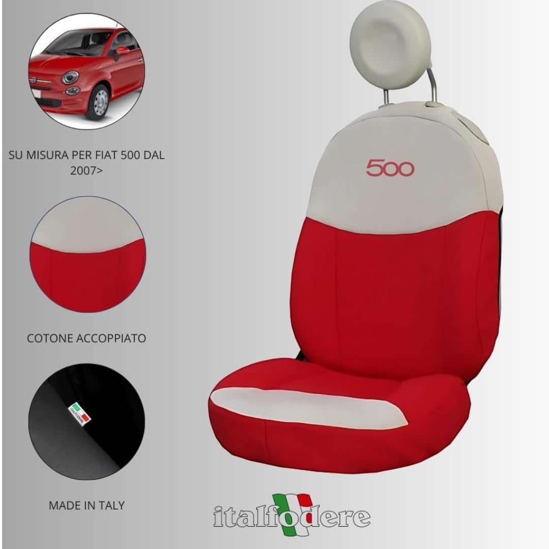 Italfodere - Coppia Coprisedili Anteriori Compatibili con Fiat 500 dal 2007 in Poi - Rosso/Panna - Cotone Accoppiato - Fatti a Mano - Eleganti e Resistenti - Accessori Auto Interno - Made in Italy