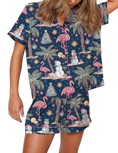 Image of SHESHOW Satin Pajamas for Women Set Preppy Animals Pjs Short Sleeve Shorts 2 Piece Loungewear Sets XS-XXL