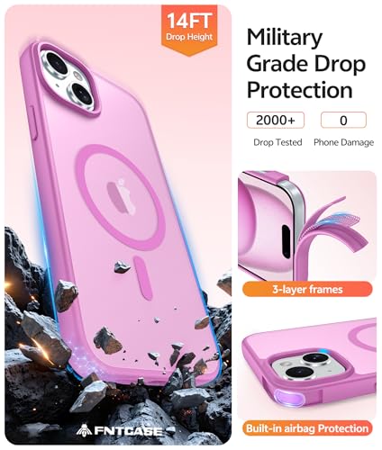 Image of FNTCASE for iPhone 15 Case: for iPhone 14 Case & iPhone 13 Case [Compatible with Magsafe] Translucent Matte Cases with [Screen Protector] Military Grade Shockproof Protective Phone Cover - Pink