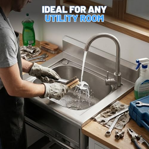 Image of Utility Sink Free Standing Single Bowl Kitchen Sink with Cold and Hot Water Pipe Stainless Steel Sink for Garage Shop Laundry Room Basement Garden Farmhouse Mens Gifts Outdoor Indoor fregadero
