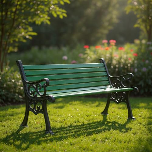 Image of Amazon Brand - Solimo Cast Iron 3 Seater Garden Bench | Durable Outdoor Park Bench for Balcony Patio Terrace, Living Room | Ideal Indoor and Outdoor Seating Furniture (Dark Green)