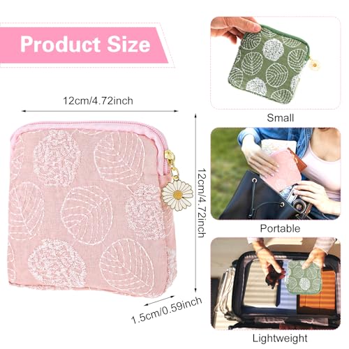 Image of TIESOME 2 Pcs Daisy Embroidery Sanitary Napkin Storage Bags, Menstrual Cup Pouch, Cotton Soft Period Holder, Portable Tampon Holder, Pad Pouch, Period Kit Bag for Women & Teen Girls (Green+Light Pink)