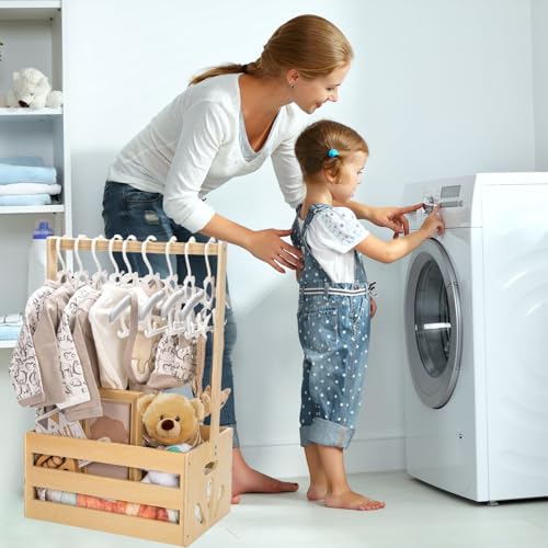 Image of Wooden Baby Shower Crate Closet, Newborn Baby Shower Basket with Handle for Pregnancy Announcement, Boys Girls Pregnancy Gifts for Baby Favors