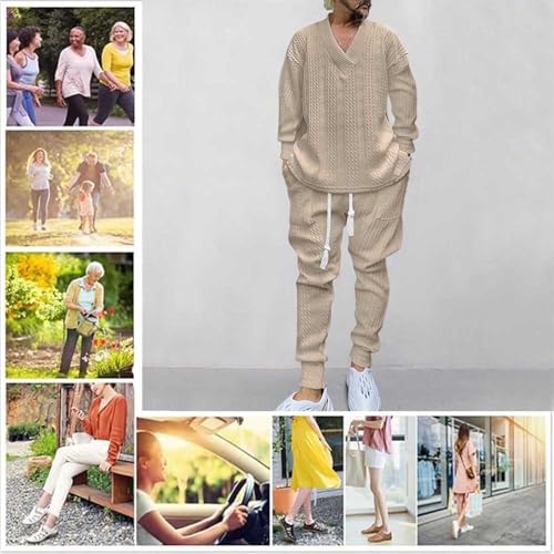 Athleisure Cable Jacquard Set Men,Men's Tracksuits V-Neck Long Sleeve Tops and Drawstring Jogging Pants Suit 2 Piece2
