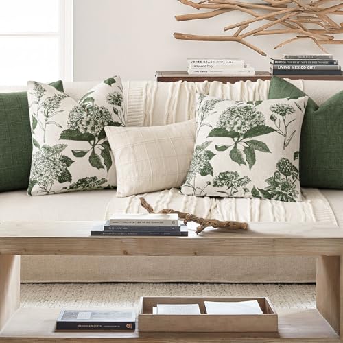 Image of Foindtower Set of 2 Linen Floral Throw Pillow Covers Neutral Vintage Print Decorative Cozy Cushion Covers Farmhouse Boho Home Decor for Sofa Chair Couch Bedroom Living Room,22x22 Inch,Dark Green