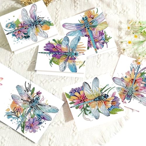 Image of AiYuanzsh 6 Pack Diamond Art Greeting Card Kits with Envelope - Dragonfly Design Floral Crystal Rhinestone Birthday & Holiday Cards, DIY Postcards for Christmas, Thanksgiving, and Gifts