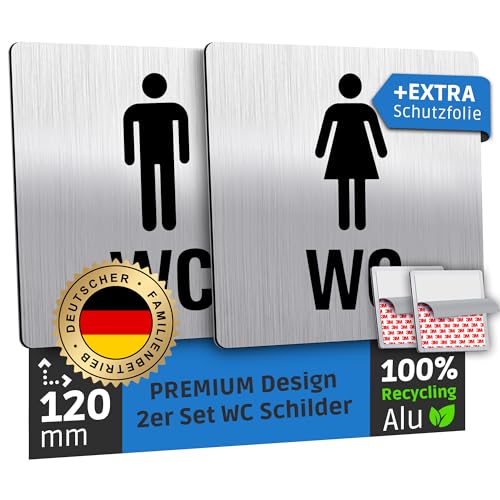SCHILDERBOXX® WC Schild Selbstklebend - 2er Set Toilettenschild Damen und Herren [12x12cm, 100% Alu, 3M Tape] – Türschild Toilette Aufkleber Tür, Gäste WC-Schilder, Toilettenschilder