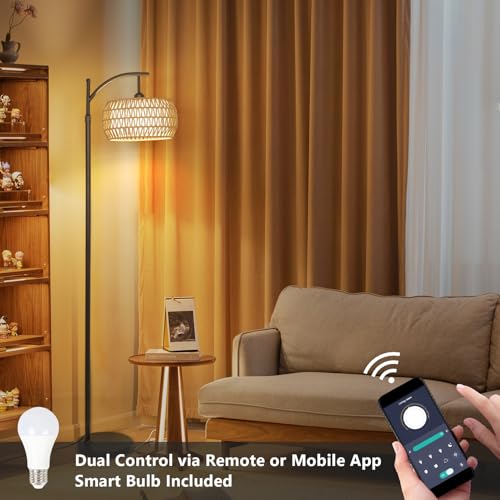 Image of Arc Floor Lamp with Remote Control, Dimmable LED Floor Lamp with 3 Color Temperature, Black Standing Lamp with Rattan & Fabric Double Drum Shade, Boho Farmhouse Tall Pole Lamp for Living Room Bedroom
