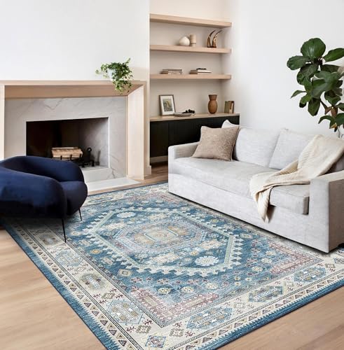 vivorug 8x10 Area Rugs for Living Room, Non-Slip Backing Washable Rug 8x10, Blue Large Area Rug Soft Carpet for Bedroom Dining Room, Vintage, Easy Clean, Durable, Low Pile Rug Under Table