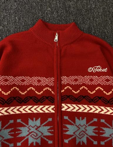 Men's Fall Vintage Geometric Zip Up Chunky Cable Knit Cardigan Sweater Long Sleeve Fair Isle Christmas Sweater3