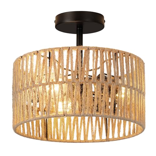 HILUXIA Boho Semi Flush Mount Ceiling Light Fixture Woven Rope Drum Lamp Natural Rattan Lighting for Bedroom Kitchen Hallway Entryway Closet Rustic Farmhouse Modern Bohemian Light Fixtures