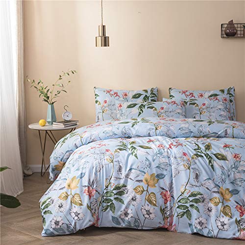 Mixinni Garden Style Girls Blue Flower Leaves Pattern Duvet Cover Set Queen Floral 3Pcs Microfiber Bedding Set 1 Duvet Cover With 2 Pillowcases For Women, Easy Care, Soft Breathable #TOP1