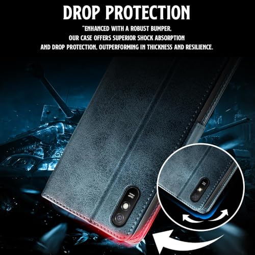 Image of WOW IMAGINE Shock Proof Flip Cover Back Case for Xiaomi Mi Redmi 9A | 9i | 9A Sport (Magnetic Button Flip Case | Wallet Pockets & Stand | Leather Finish | Oxford Blue)