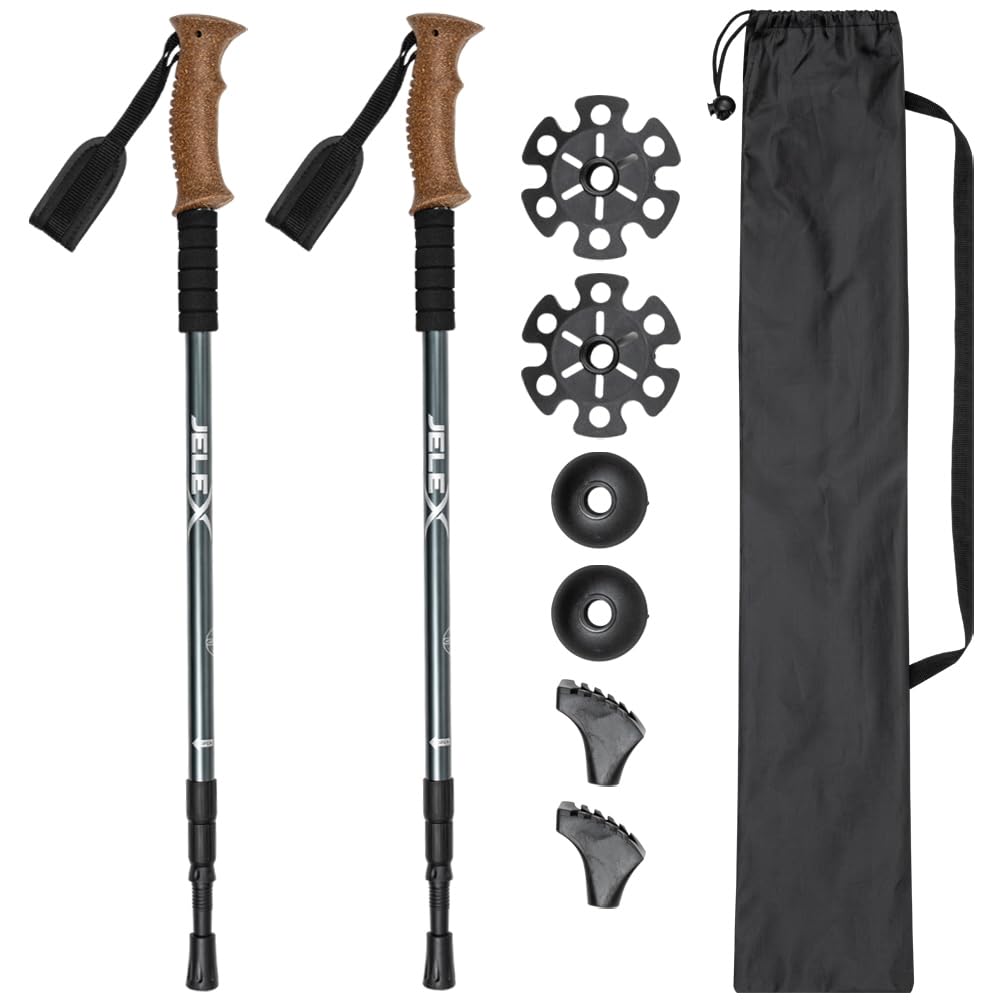 JELEX Bâtons de marche télescopiques Nature pour marche nordique réglables avec divers embouts pour les activités de plein air, bâtons de randonnée ultra légers avec technologie anti-choc