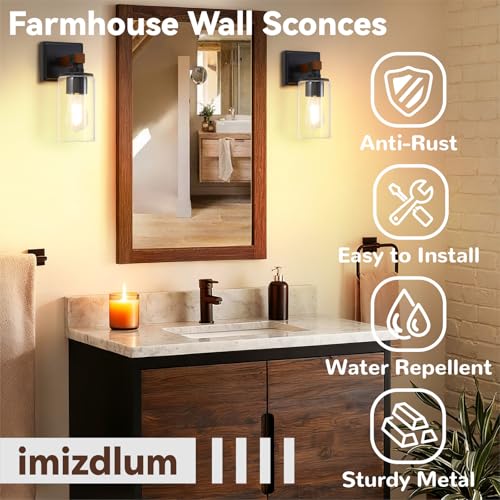 Image of Wall Sconces Set of 2, Farmhouse Rustic Vanity Wall Light Fixture Hardwired | Dark Brown Wood Grain Rustic Wall Sconce with Clear Glass Shade for Mirror, Bathroom, Bedroom, Hallway, E26(Bulbs Not Includ)