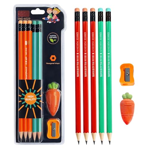 Image of Toyshine HB Pencil Set with Eraser & Sharpener | 10 Pcs Writing Pencil Kit with Cute Carrot Eraser | Smooth Writing School Stationery Set for Kids & Students