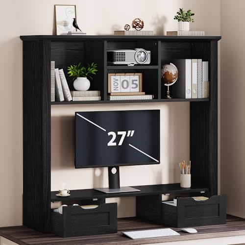 Image of Desk Shelf with Computer Monitor Stand, 37.4''W Desktop Bookshelf Display Rack, Desktop Organizer Storage Rack with Cubbies & Drawers, 5-Tier Hutch for Home, Office, Dorm, Vanity, Black