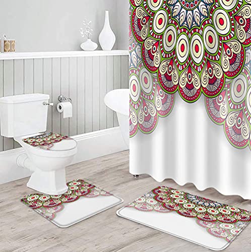 ZDDWLDL 4Pcs Duschvorhänge Set Mit Rutschfesten Teppichen,Toilettendeckel und Badematte Weiß-Rot-Grüne Mandala-Blumen…