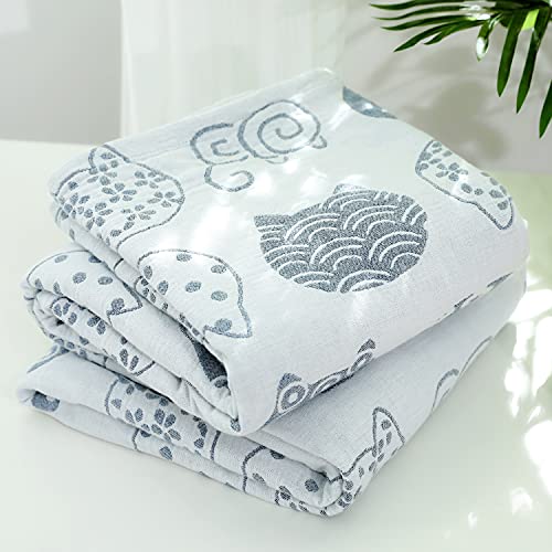 Vanxing ガーゼケット シングル 4重ガーゼ 天然綿100% 吸湿 通気 夏快眠 肌に優しい 年中快適 丸洗いOK 軽量 リバーシブル 150x200cm (猫顔柄・ブルー)