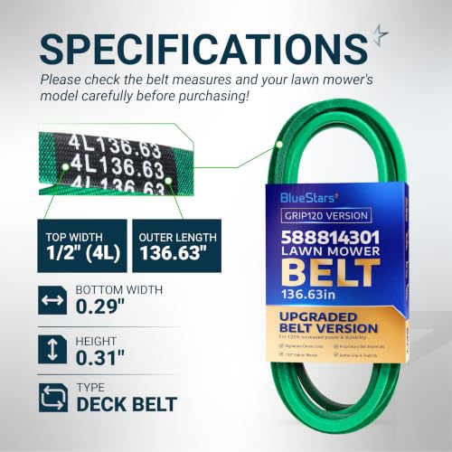 Image of [Upgraded Grip120] BlueStars 588814301 Deck Belt Aramid Cord 136.63 inch x 1 /2 inch | Deck Belt for 48 Inch Husqvarna GT48DXLS LGT48DXL TS348 TS348D YT48DXLS RedMax Lawn Mower - Replaces 599275701 M119539