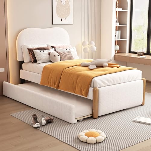 YCYDHDM Cama tapizada para niños de 90 x 200 cm con cama nido y somier de láminas, cama individual con cabecero acolchado, cama para niños y niñas, de vellón circular, sin colchón, color blanco