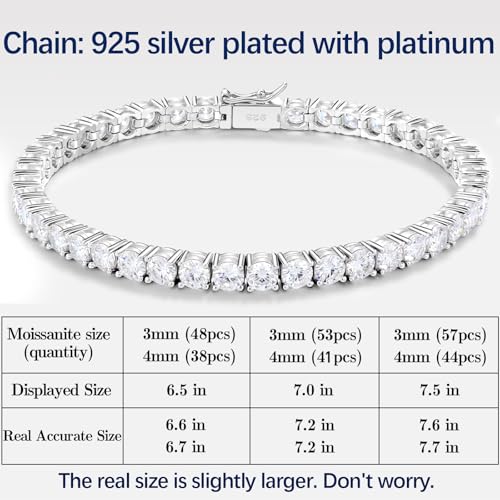 Never Fallen Off Moissanite Tennis Bracelet for Women Men with Composite Clasp 925 Silver Plated with White Gold Chain 6.5'-7.5'' Length2