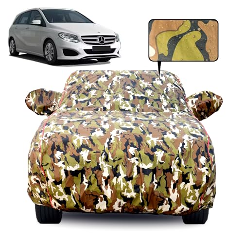 Image of Waterproof Car Body Cover for Mercedes B Class with Mirror Pocket, Soft Cotton Lining, Triple Stitched, Full Bottom Elastic (Heat Resistant Jungle Print with Red Piping)