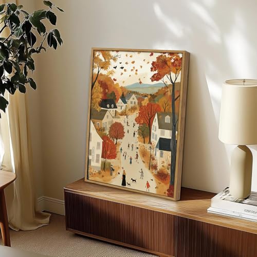 Image of KISSFOX Framed Wall Art Vintage Wall Decor Fall Landscape Pictures Cottage Scenery Canvas Art Farmhouse Countryside Paintings Artwork For Bedroom Kitchen Living Room