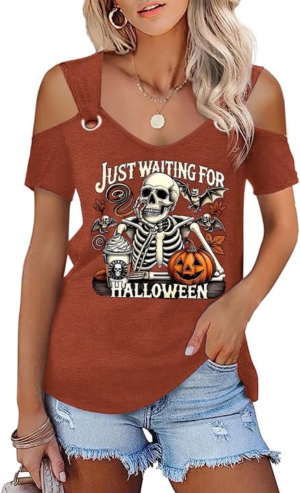 Womens Just for Halloween Shirt Cute Hollow Out Sweet O Ring Shoulder Tee Funny Skeleton Bat Pumpkin Face Spice Leaves Graphic Tee Spooky Season TopsXXL 01-CBrown-Wait