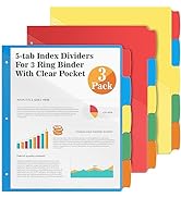 V-Opitos 5-tab Index Dividers with 3 Holes Punched, Set of 3 Plastic Dividers with Clear Front Po...