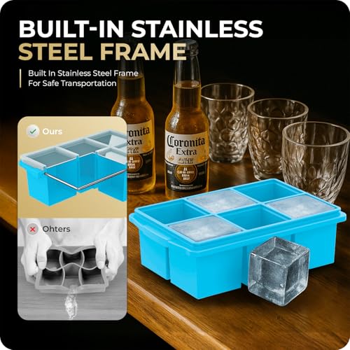 Image of Large Ice Cube Trays for Whiskey, Silicone Ice Cube Tray, with Reinforced Steel Ring Top, Makes 12 perfect 2-in ice cubes, Square Ice Tray for Cocktails, Whiskey, Coffee. (2 Pack)