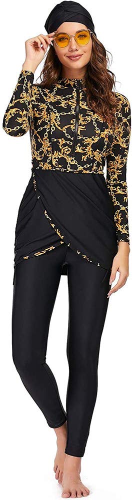 Modest Muslim Swimwear for Women Patchwork Hijab Swimsuit Full Coverage Islamic Burkinis Long Sleeves Bathing Suit (4XL,S1)