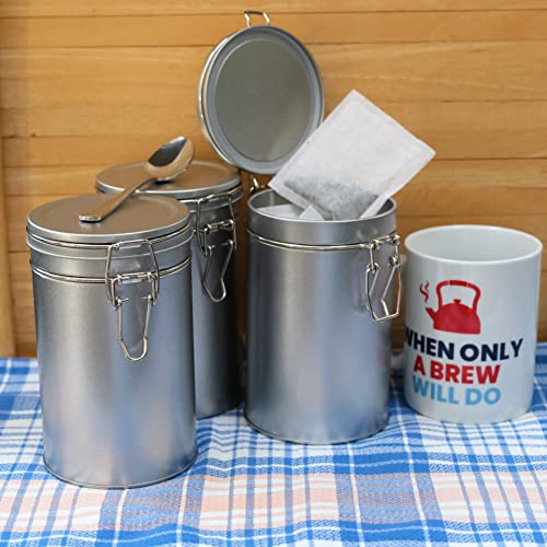 Set of 3 Kitchen Food Storage Canisters Containers Small - Airtight Clip Lid - Tea/Coffee/Sugar - Compact Slim Metal Caddies - 1 Pint - Silver - Cosy Home Interiors Set of 3 Kitchen Food Storage Canisters Containers Small - Airtight Clip Lid - Tea/Coffee/Sugar - Compact Slim Metal Caddies - 1 Pint - Silver - Image 2