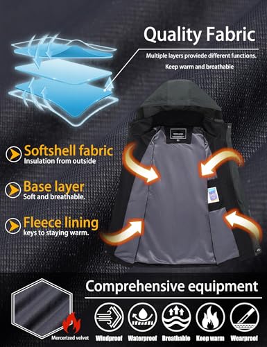 TACVASEN Softshelljacke Herren Wasserdicht Atmungsaktiv Übergangsjacke Outdoor Regenjacke Leicht Herbstjacke Funktionsjacke (L, Schwarz)