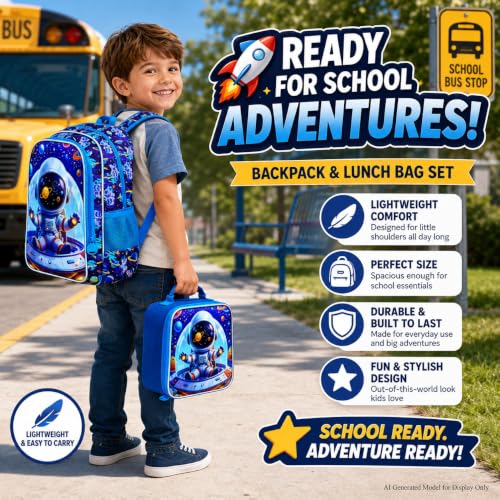 Image of 3Pcs Space Backpack for Boy, 16 inch Astronaut Bookbag for Elementary Preschool Kindergarten, Kids School Backpacks with Lunch Box (Blue)