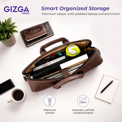 Image of Gizga Essentials Laptop Bag fits Upto 16 Inch Laptops /MacBook| Synthetic Leather Office Messenger Bag with Padded Compartments, Multiple Pockets, Premium Zipper, Adjustable Strap, Dual Handles (Tan)