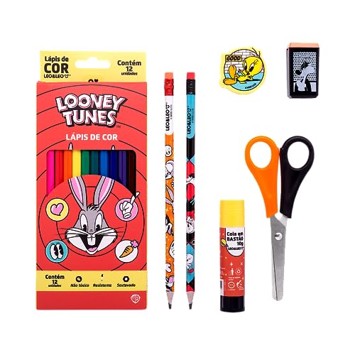 Kit Lápis de Cor 12 Cores Looney Tunes Leoeleo