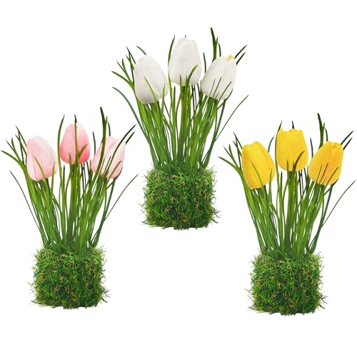 TINA 3 Bündel Künstliche Tulpen wie echt im Gras Nest, Fake Tulpen Kunstblumen‌, Künstliche Blumen‌ Balkonpflanzen Blumenstrauß Osterdeko Karneval Deko Frühlingsdeko für ‌Hochzeit‌ ‌