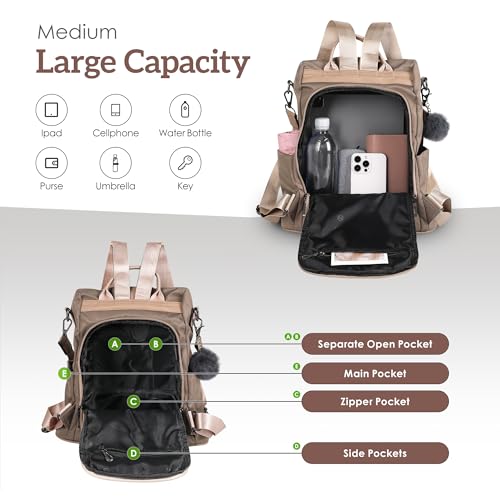 Image of PINCNEL Women Medium Backpack Purse Waterproof Nylon Anti-theft Rucksack Lightweight Shoulder Bag Mocha