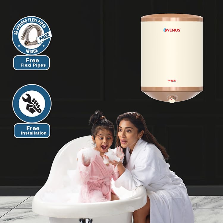 Image of Venus Magma Neo 15 (015SE) Litre 5 Star Vertical Storage Water Heater, Ivory and White, Electric, with Double Ceramic Heating Element, PUF Insulation, Glass Lined Tank, 220V