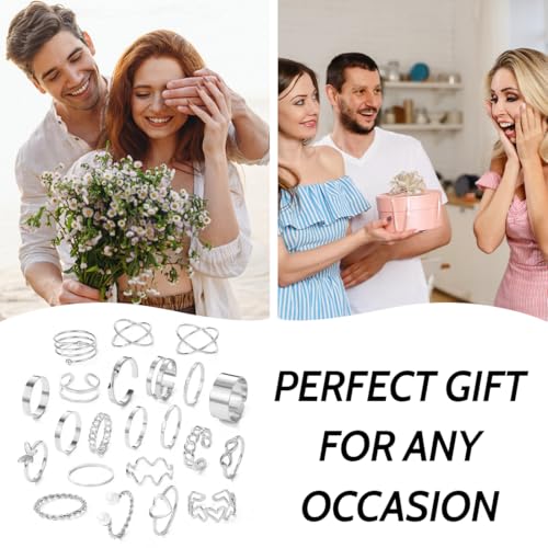NJCXOLA 22 Stücke Silber Ringe Set Verstellbare Finger Ringe Offene Knoten Verschiedene Stapelbare Gelenkschwanz Strand Schmetterlings Herz Schmuck für Frauen Mädchen