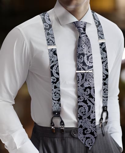 Image of Barry.Wang Men Suspender Set with Necktie Elastic Y Type Heavy Duty 6 Clips Braces Tie Handkerchief Cufflink Pin 6PCS