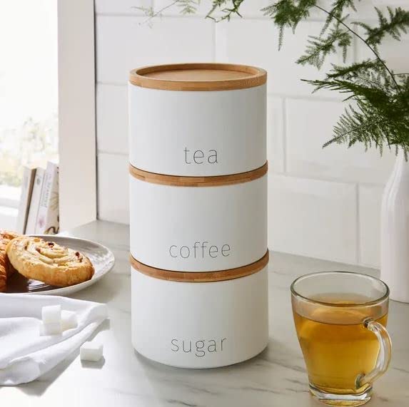 Tok Mark Traders Set of 3 White Metal Stacking Canisters Tea Sugar Coffee Stackable Canister Mugs Easy Storage for Office and Home, Gift Ideal for storing all your tea, coffee and sugar