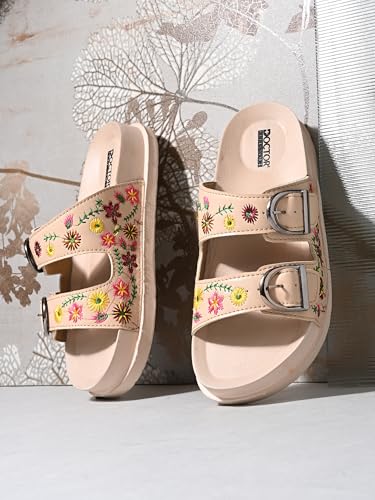 Image of Women Floral Double Strap Buckle Slides | Embroidered Casual Slip-On Sandals for Girls | Lightweight Anti-Slip Comfortable Everyday Wear Flats