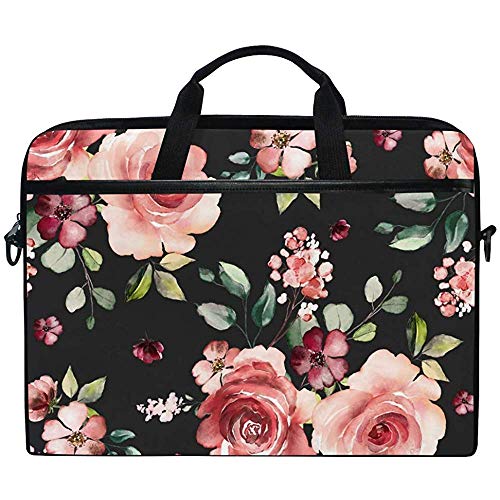 Rose Flowers Floral Black Laptoptasche Tasche Hülle Tragbar/Crossbody Messenger Aktentasche Cabrio Mit Gurttasche,Back to School Geschenke,14-14,5
