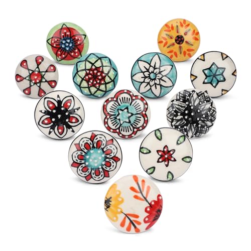 Ajuny Juego de 12 Pomos de Cerámica Multicolores Pintados a Mano con Puntos Decorativos para Armarios Cajones Alacenas de Cocina Tocadores de Baño y Muebles con Acabado Brillante