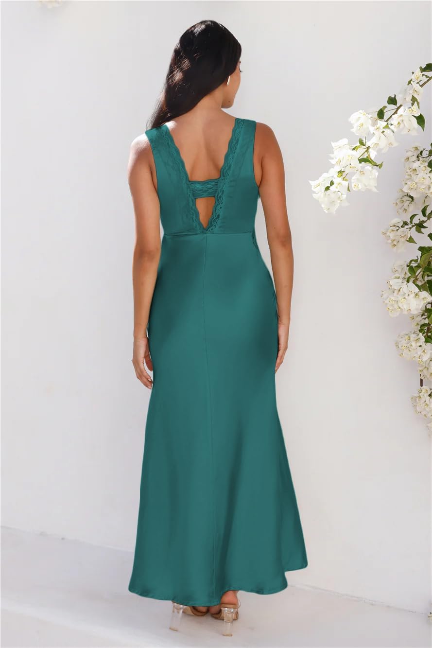 BAGONE Summer Satin Lace V Neck Backless Wedding Guest Maxi Dresses for Women Elegant Sleeveless Open Back Cocktail Dress - Image 5