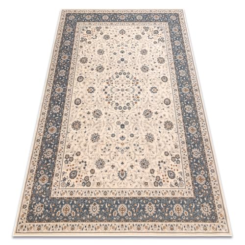 rugsx Teppich Wolle NAIN Vintage-Teppich mit Ornamenten und Bordüre - für Wohnzimmer & Schlafzimmer, beige/blau 80x150 cm