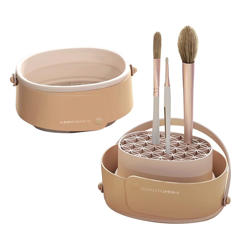 Foldable makeup brush cleaning bowl, makeup sponge drying rack(khaki)